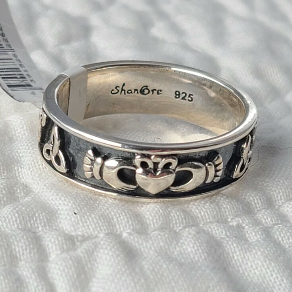 Men's 925 Sterling Silver Ring Claddagh & Trinity Knot of Shan Ore from Ireland